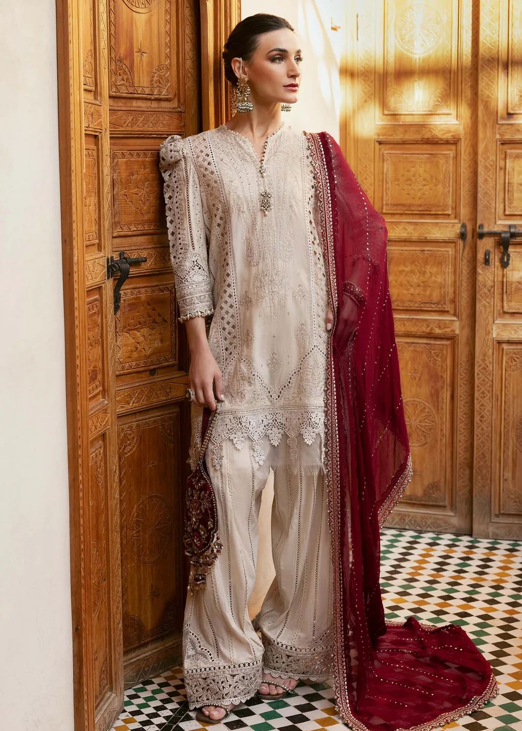 Ivory Luxe Lawn Embroidered 3-Piece Suit with Crimson Dupatta