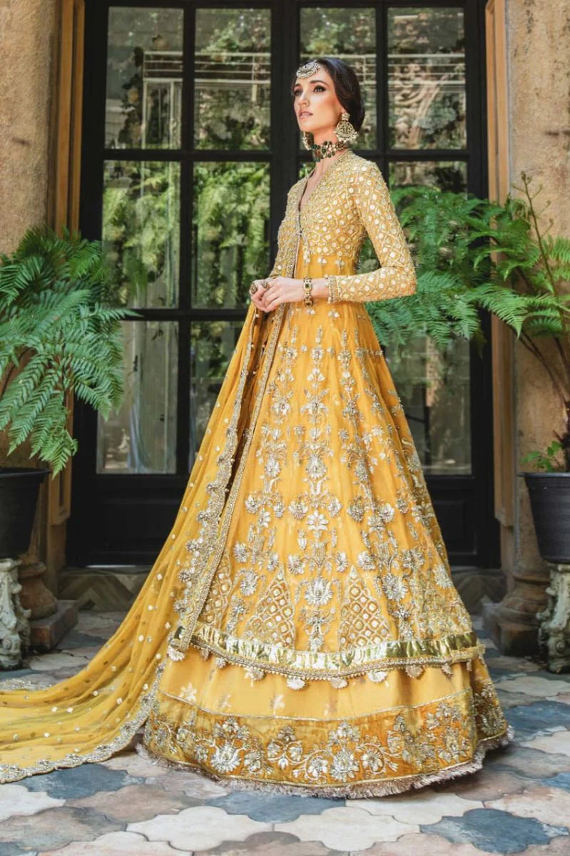 Luxury Mustard Yellow Embroidered Pakistani Bridal Maxi with Handcrafted Dupatta & Wide-Leg Trousers