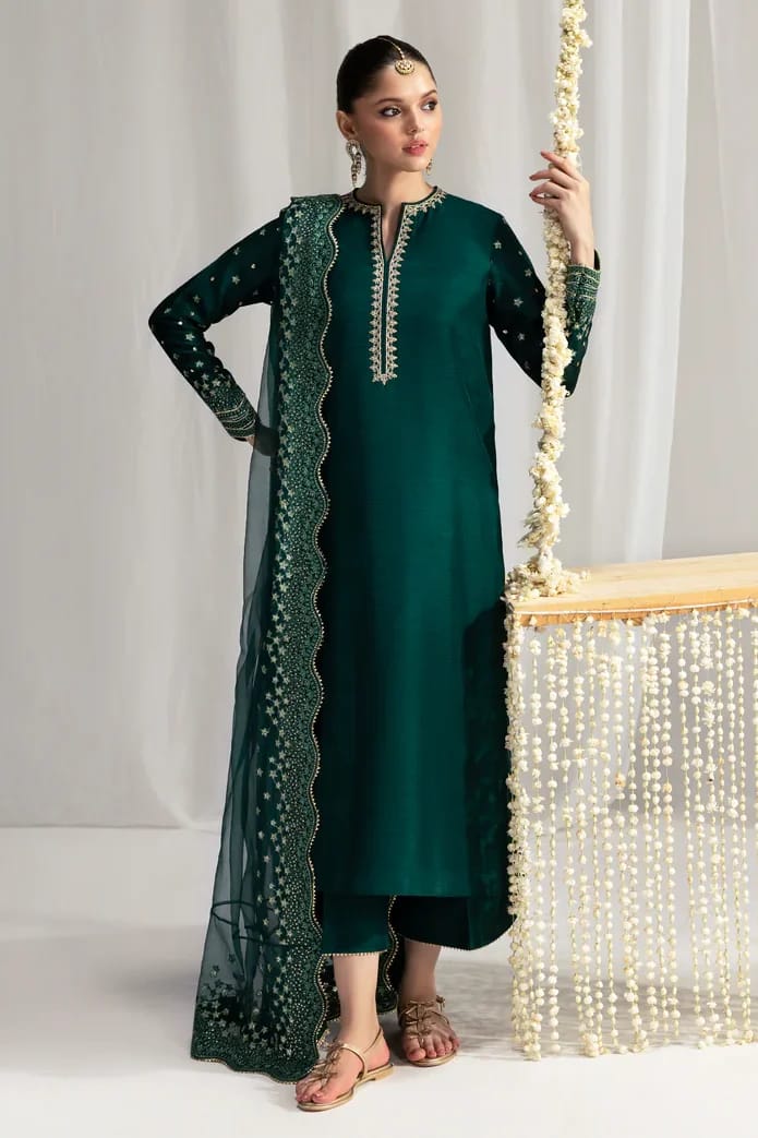 Luxury Raw Silk Embroidered Suit with Sheer Scalloped Dupatta | Formal & Festive Wear