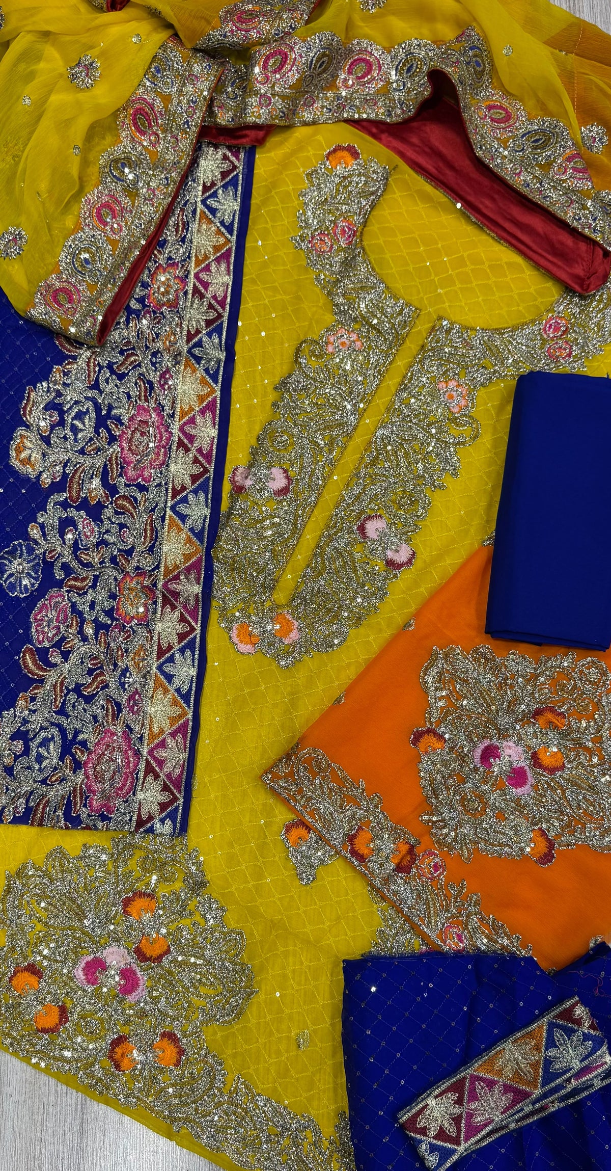 Royal Yellow & Cobalt Blue Chiffon Gharara Suit | Luxury Pakistani Mehndi & Wedding Guest Outfit