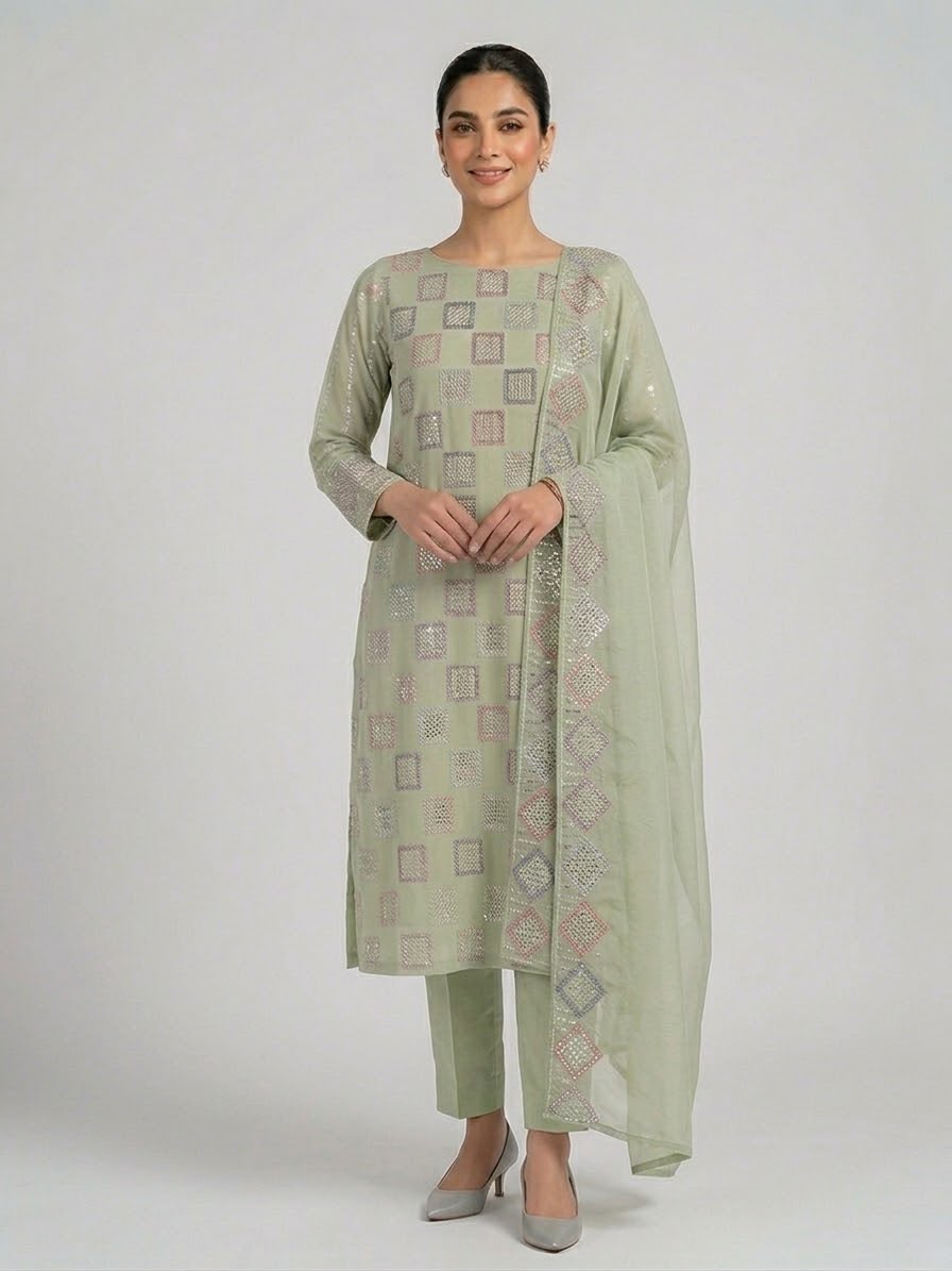Luxury Embroidered Bember Chiffon 3-Piece Festive Suit