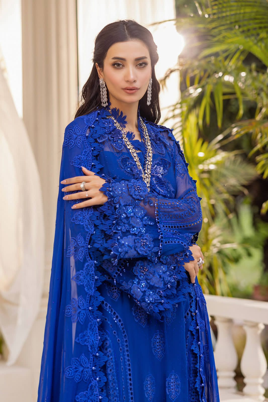 Royal Blue Embellished Chiffon Evening Gown – Elegant Floral Embroidered Occasion Wear