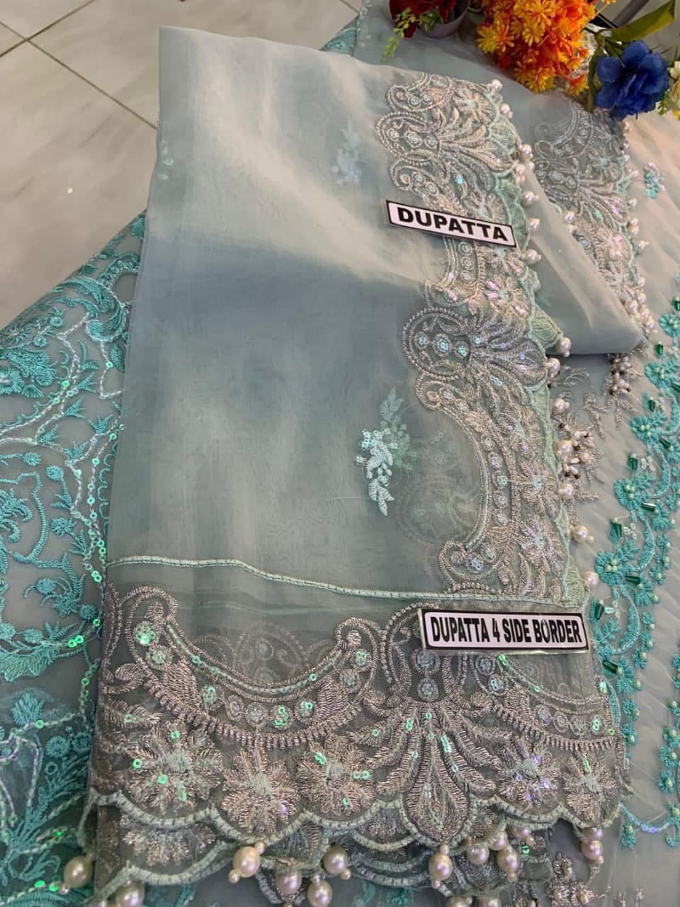 Embroidered Chiffon Kurti with Trouser and Dupatta Set – Luxury Festive Wear