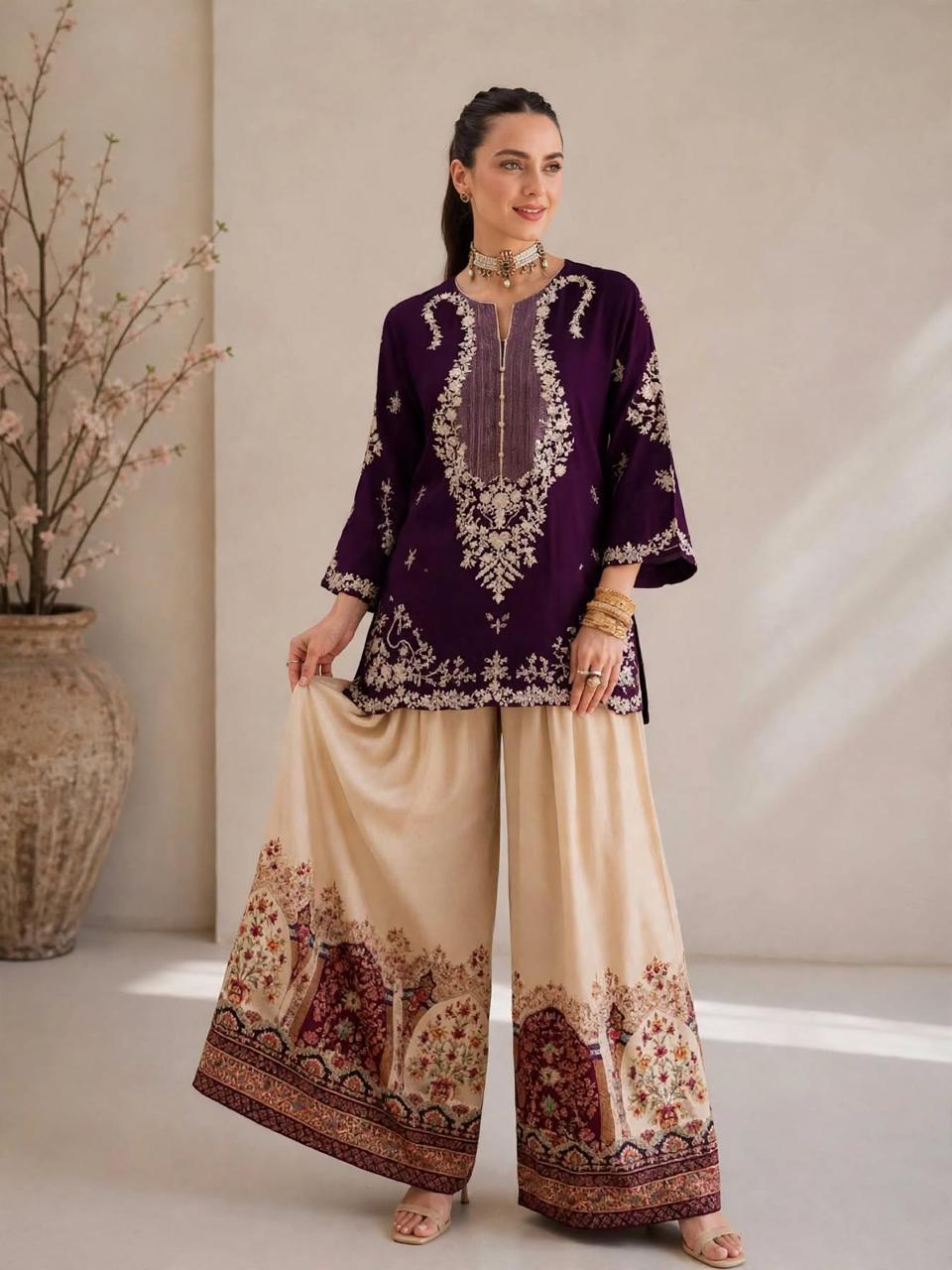 2-Piece Silk Embroidered Suit with Printed Palazzo | Luxury Formal & Festive Wear