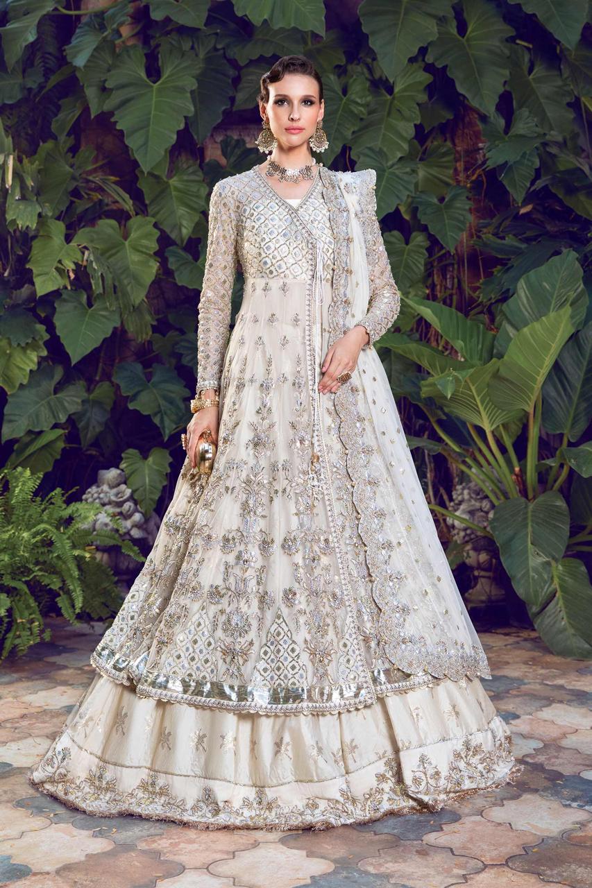 Luxury Ivory Embroidered Chiffon Maxi Dress with Silk Sharara & Net Dupatta – Premium Pakistani Wedding Formal