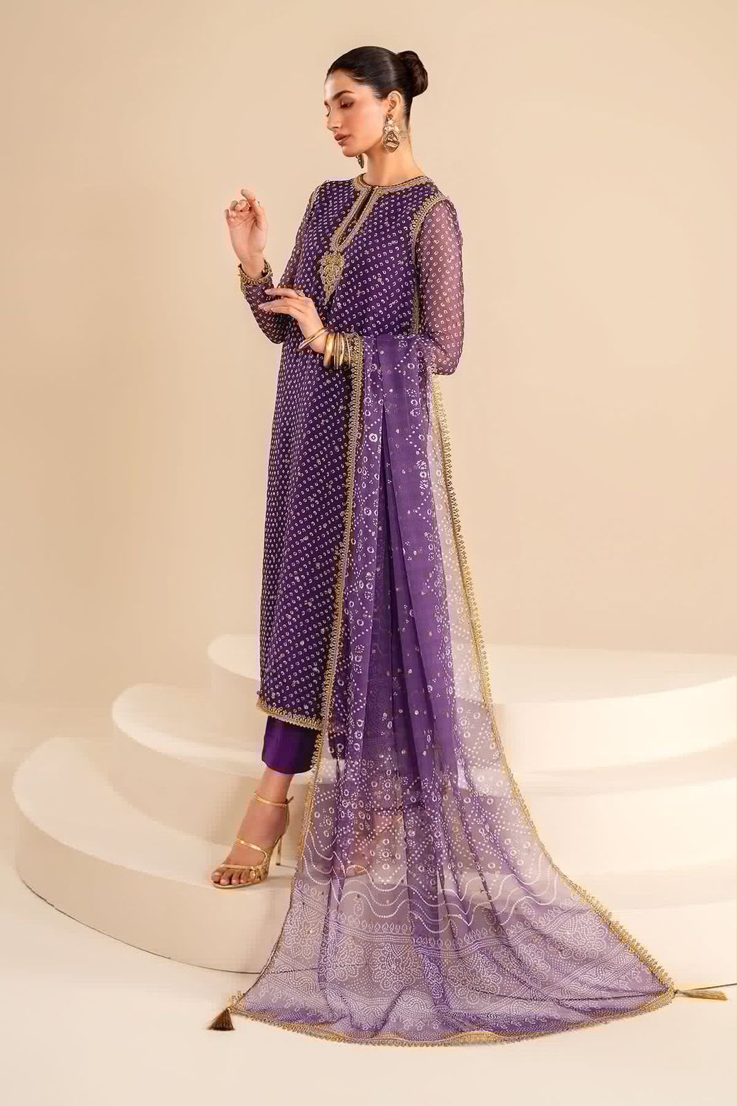 Traditional Tie-Dye Print & Embroidered Chiffon 3-Piece Ensemble