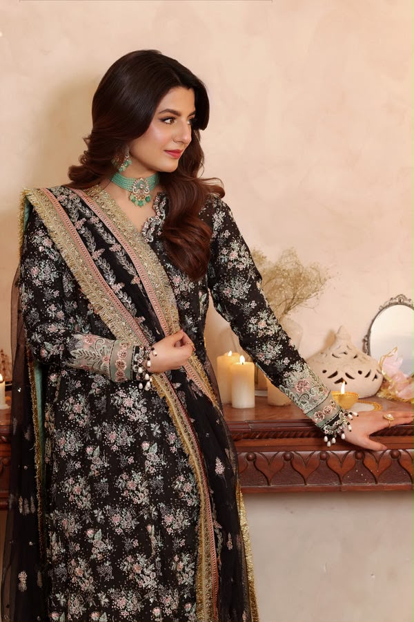 Formal Raw Silk Embellished Maxi Ensemble with Sheer Dupatta
