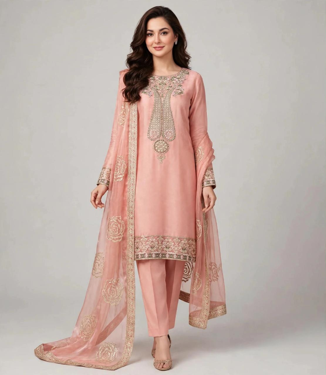 Luxury Shesha Lava Silk Suit with Matching Fabric Dupatta & Plain Malai Trouser | Formal & Festive Wear
