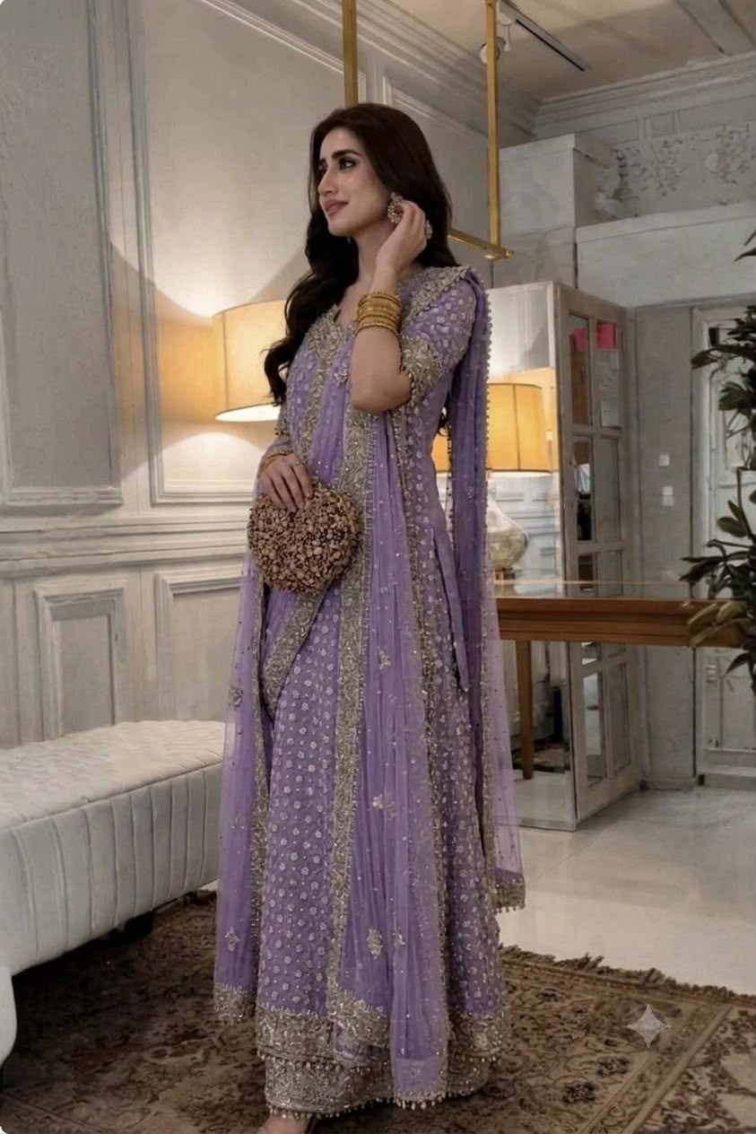 Luxury Chiffon Suit with Adda Work & Matching Clutch | Elegant Festive & Wedding Wear