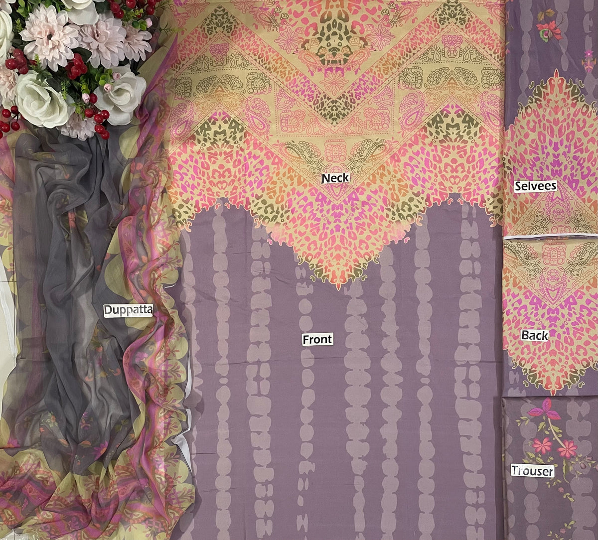 Luxury Contemporary Motif-Print Ensemble with Tassels and Sheer Accents