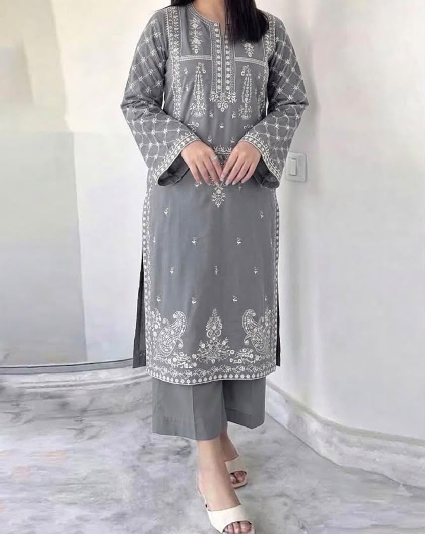 Embroidered Dhanak Fabric 2-Piece Kurti with Trouser Set – Winter Festive Wear