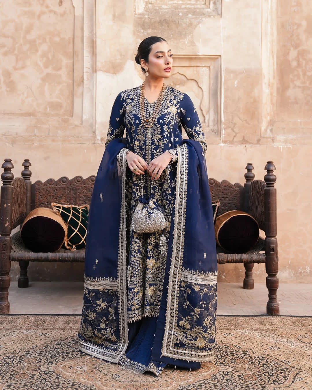 Midnight Blue Zari Embroidered 3-Piece Pakistani Suit with Embellished Dupatta