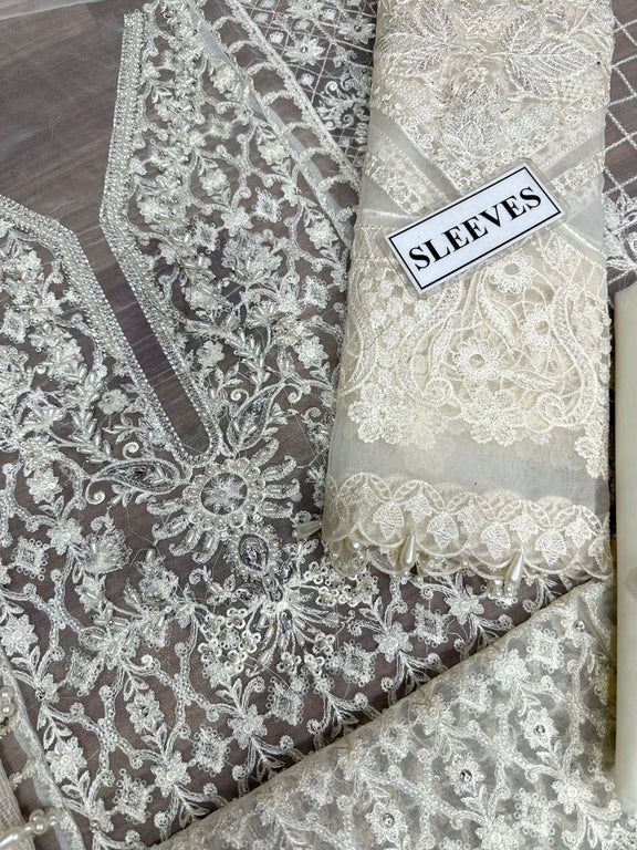 Luxury Heavy Embroidered Organza Shirt with Khadi Dupatta & Silk Trousers