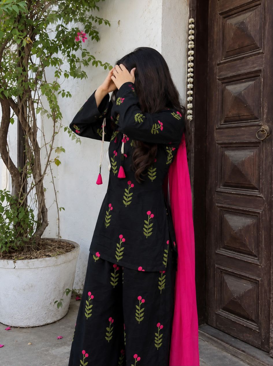 Floral Printed Kurti with Farshi Shalwar and Contrast Dupatta Set – Casual & Festive Wear