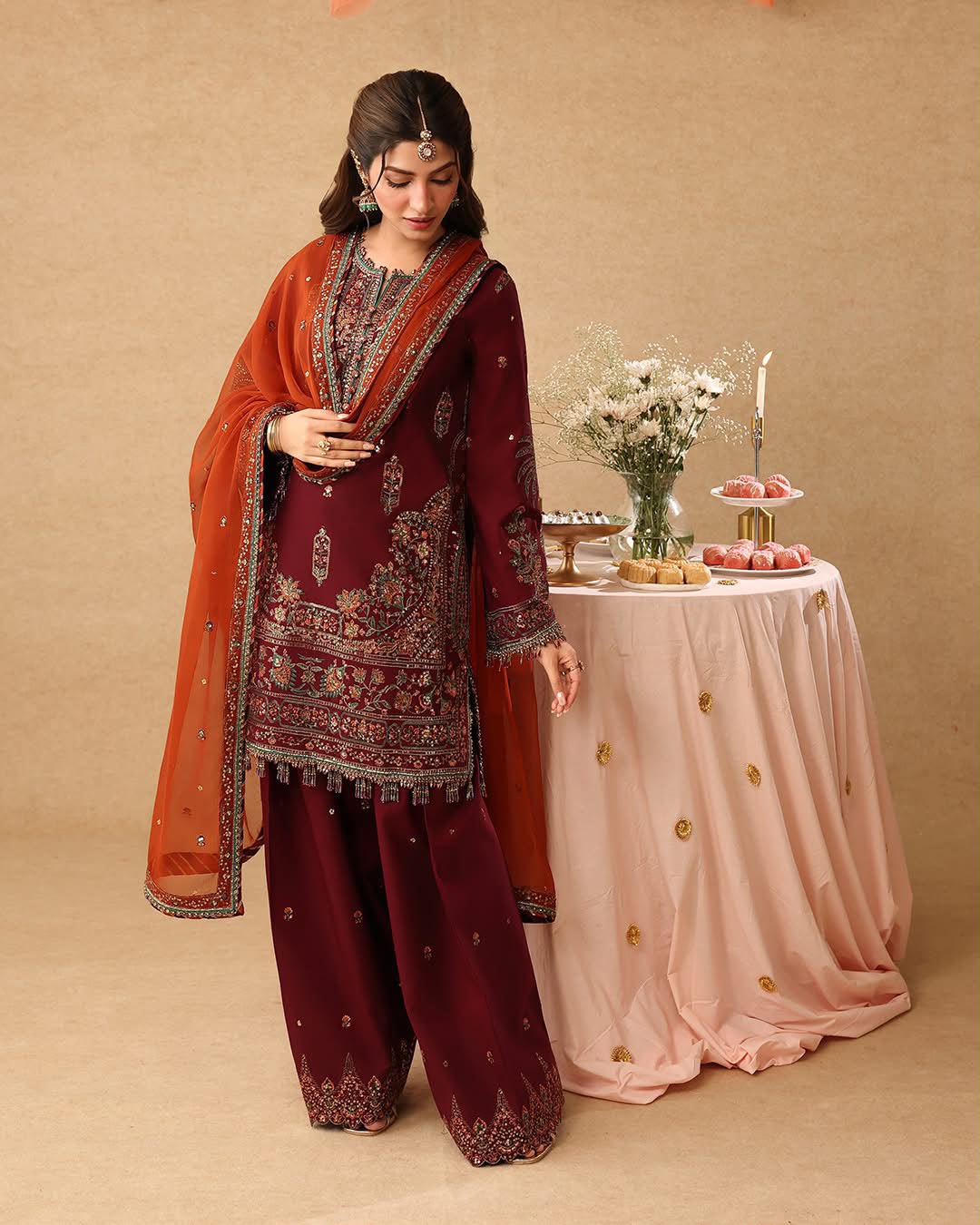 Embroidered Chiffon Kurti with Gharara and Contrast Dupatta Set – Luxury Festive Wear