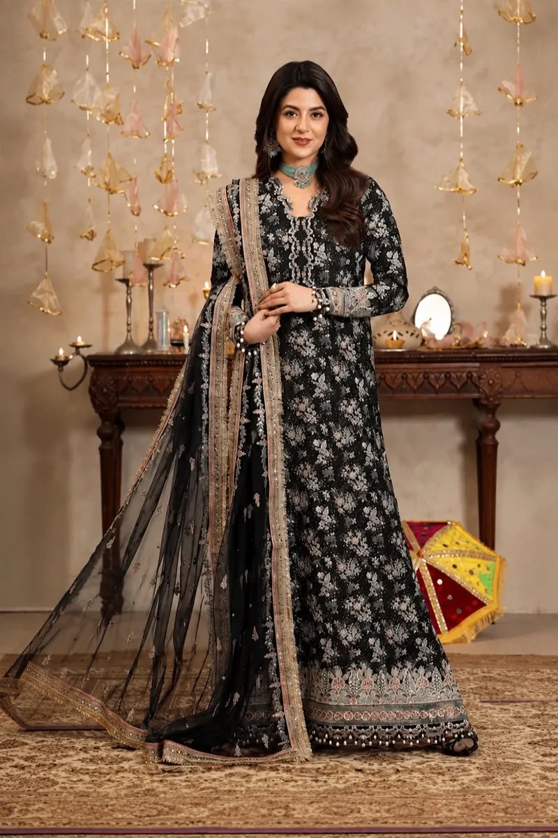 Formal Raw Silk Embellished Maxi Ensemble with Sheer Dupatta