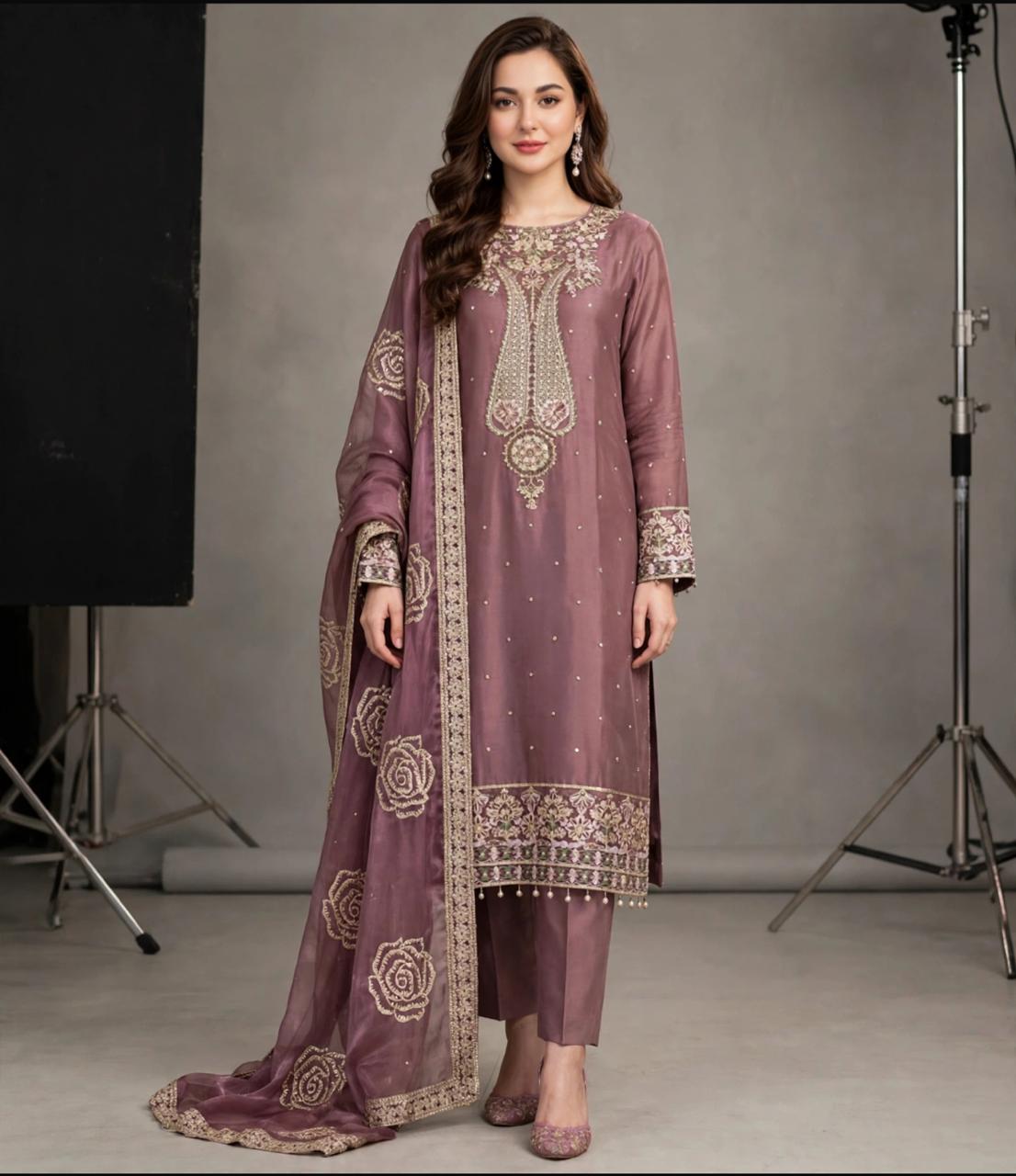 Luxury Shesha Lava Silk Suit with Matching Fabric Dupatta & Plain Malai Trouser | Formal & Festive Wear
