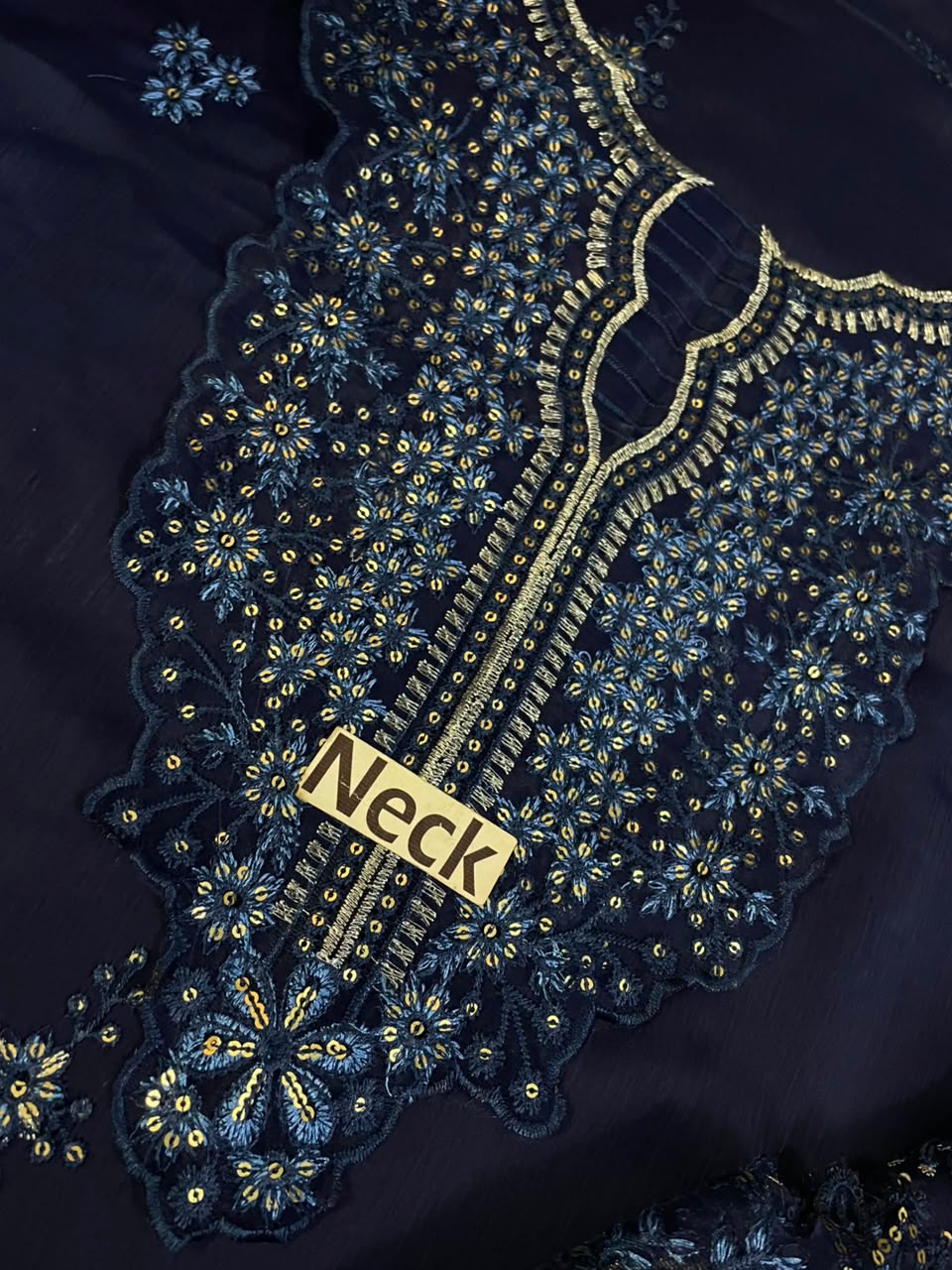 Midnight Navy Luxury Chiffon Embroidered Suit with Malai Trouser | Elegant Formal & Festive Wear