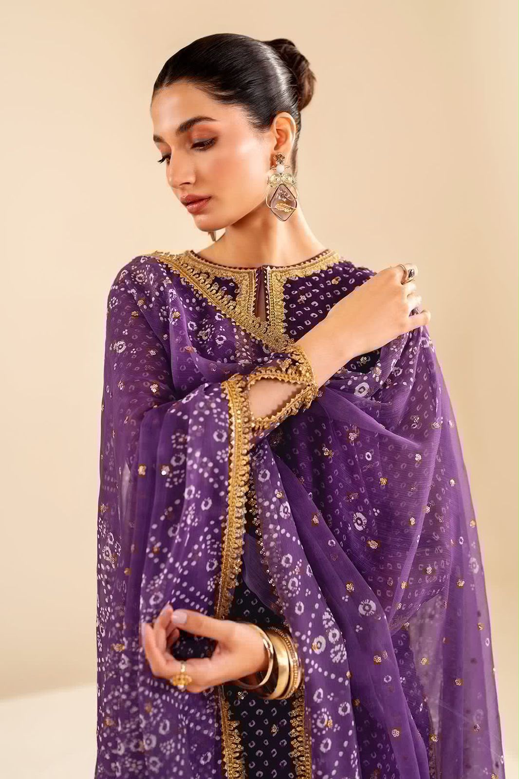 Traditional Tie-Dye Print & Embroidered Chiffon 3-Piece Ensemble