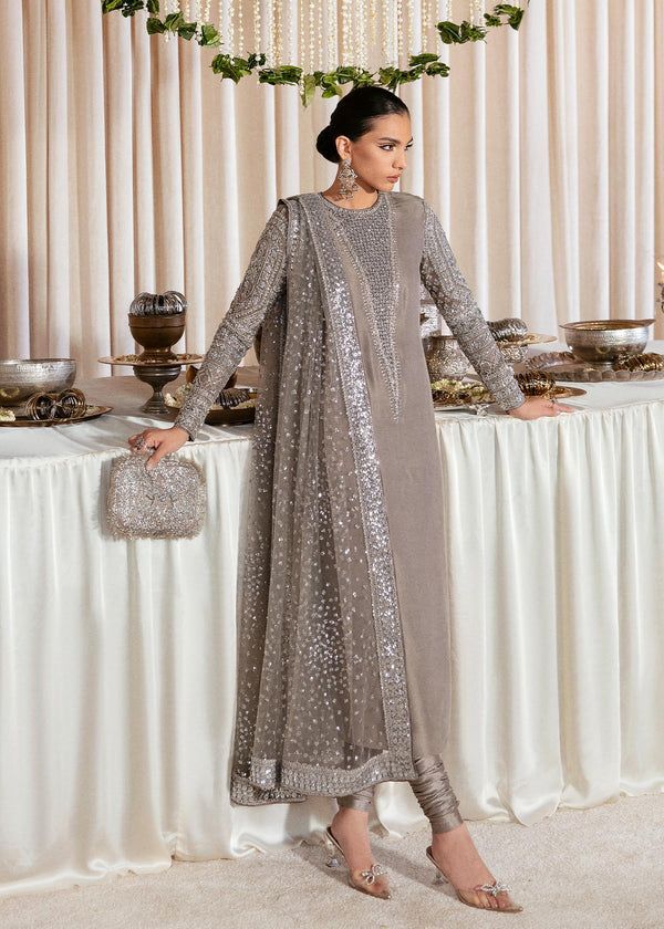Luxurious Taupe Grey Heavy Embroidered Raw Silk 3-Piece Festive Suit