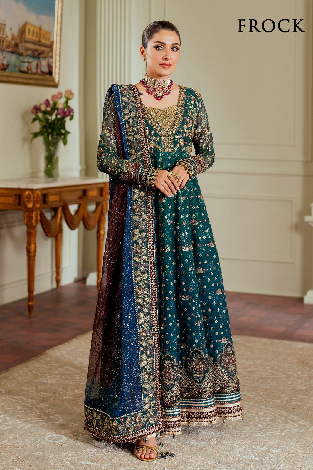 Luxurious Emerald Green Embroidered Chiffon Anarkali Frock with Contrast Dupatta