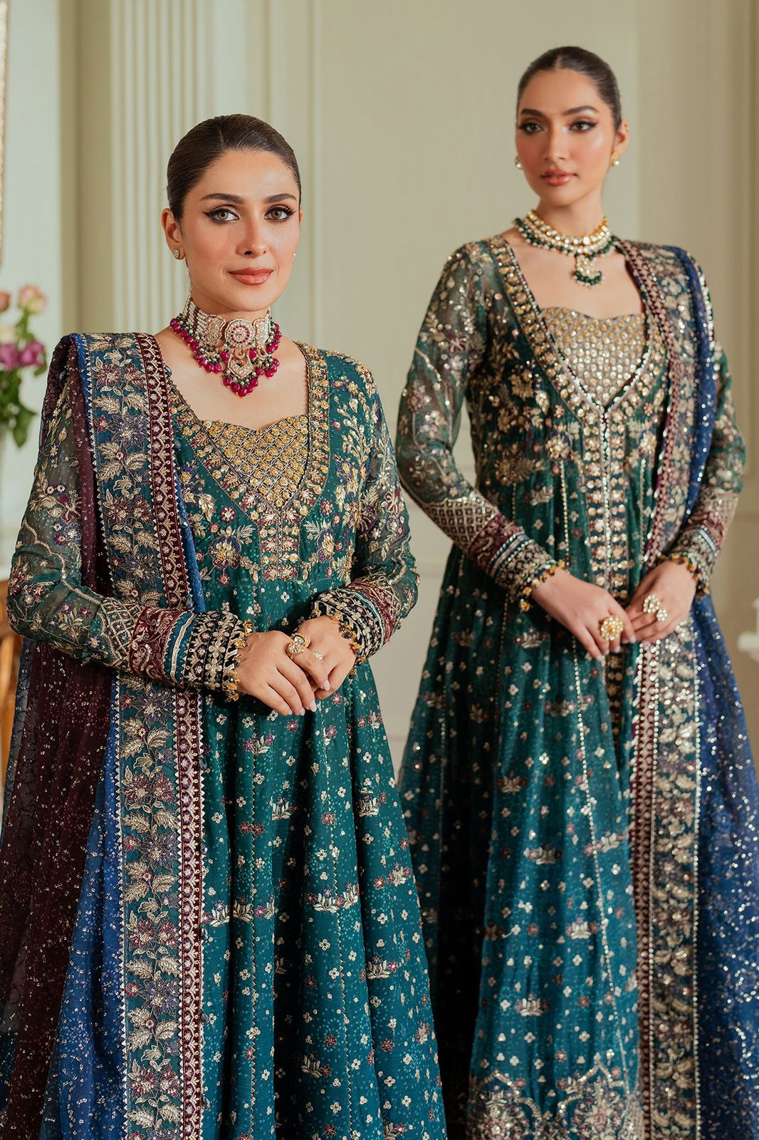 Luxurious Emerald Green Embroidered Chiffon Anarkali Frock with Contrast Dupatta