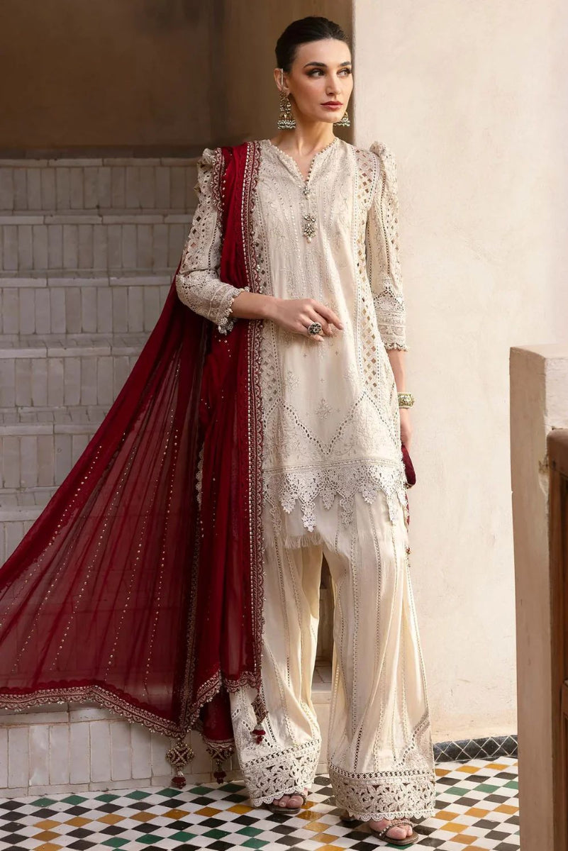 Ivory Luxe Lawn Embroidered 3-Piece Suit with Crimson Dupatta