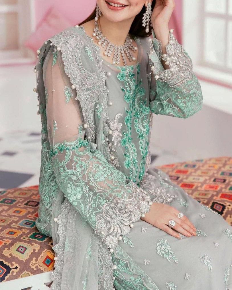 Embroidered Chiffon Kurti with Trouser and Dupatta Set – Luxury Festive Wear