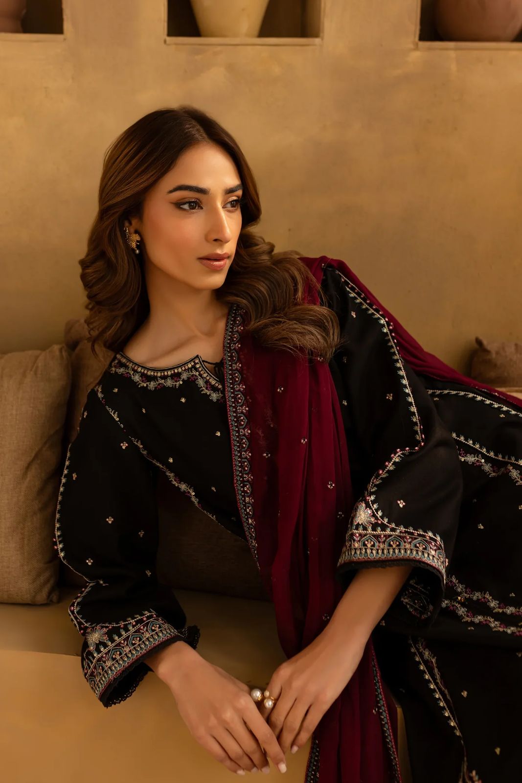 Embroidered Cotton Silk Sequence Work Suit with Chiffon Dupatta | Luxury Festive Wear