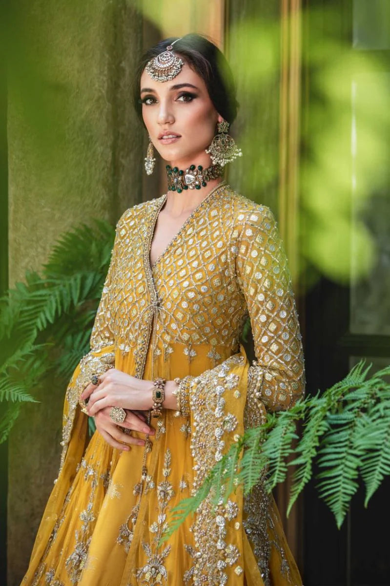 Luxury Mustard Yellow Embroidered Pakistani Bridal Maxi with Handcrafted Dupatta & Wide-Leg Trousers