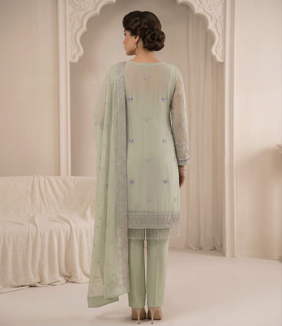 Sage Green Luxury Chiffon Embroidered Suit | Elegant Formal & Festive Wear