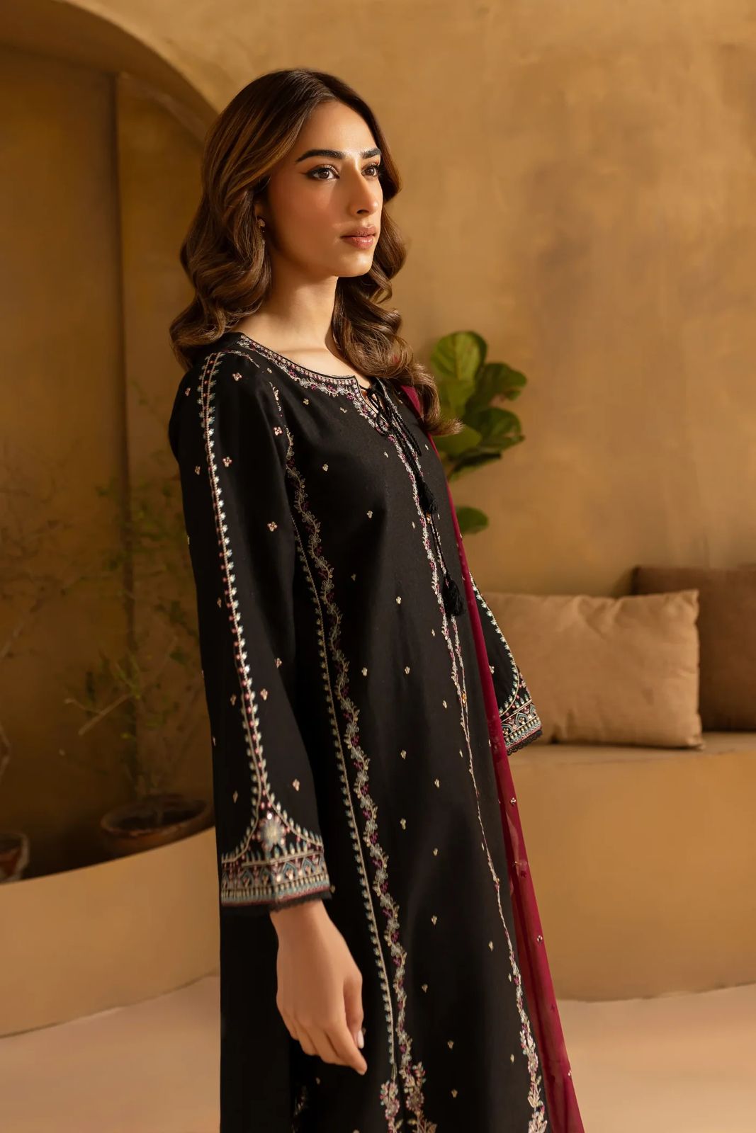 Embroidered Cotton Silk Sequence Work Suit with Chiffon Dupatta | Luxury Festive Wear