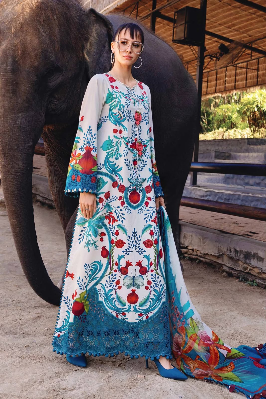 Vibrant Floral Printed Lawn Ensemble with Chiffon Dupatta