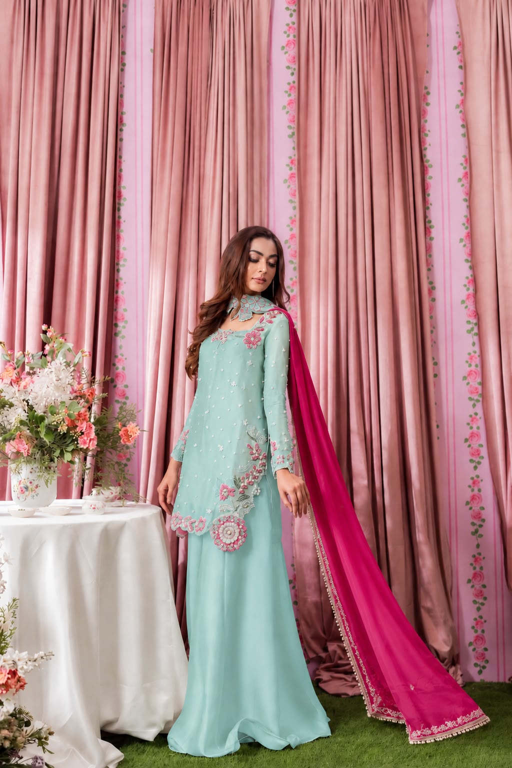 Mint Blue Luxury Chiffon & Shamooz Silk Suit with Hand-Embroidered Motifs & Contrast Dupatta | Formal & Festive Wear