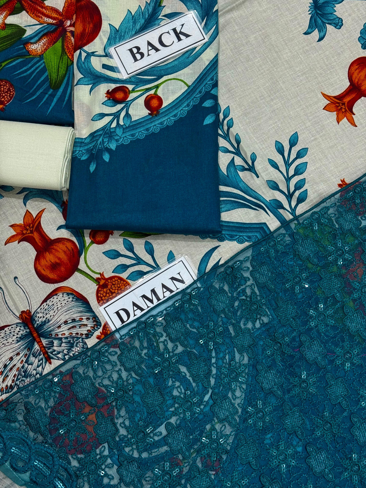 Vibrant Floral Printed Lawn Ensemble with Chiffon Dupatta