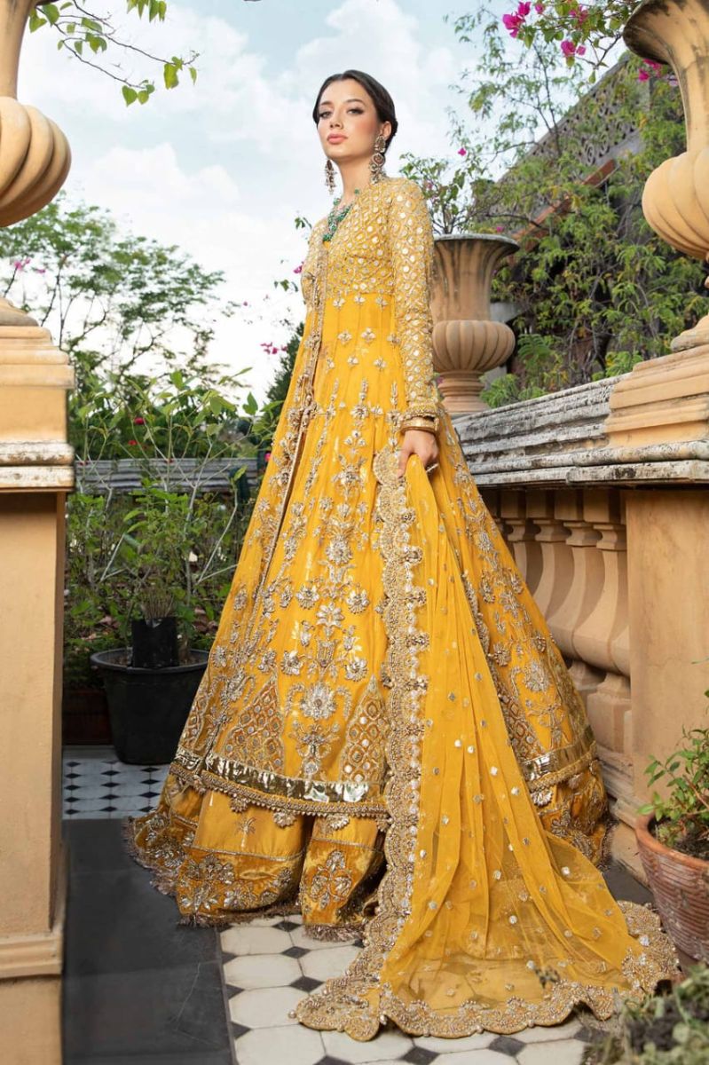 Luxury Mustard Yellow Embroidered Pakistani Bridal Maxi with Handcrafted Dupatta & Wide-Leg Trousers