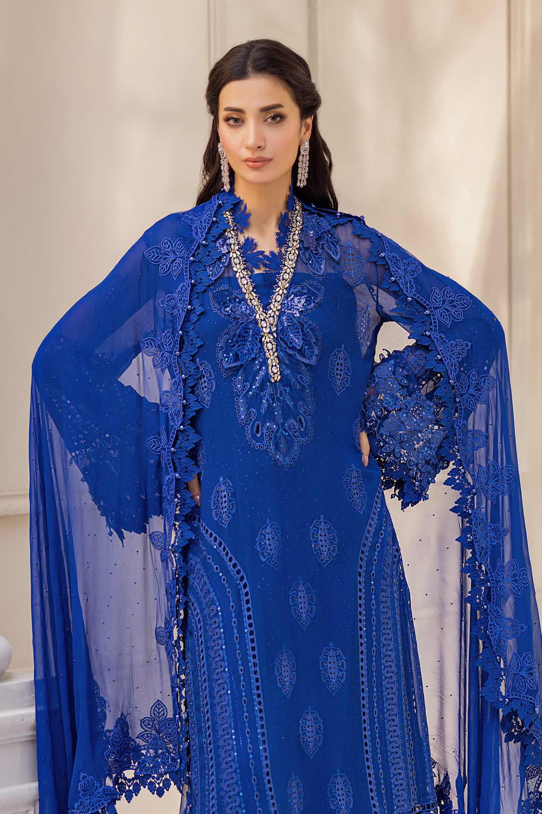 Royal Blue Embellished Chiffon Evening Gown – Elegant Floral Embroidered Occasion Wear