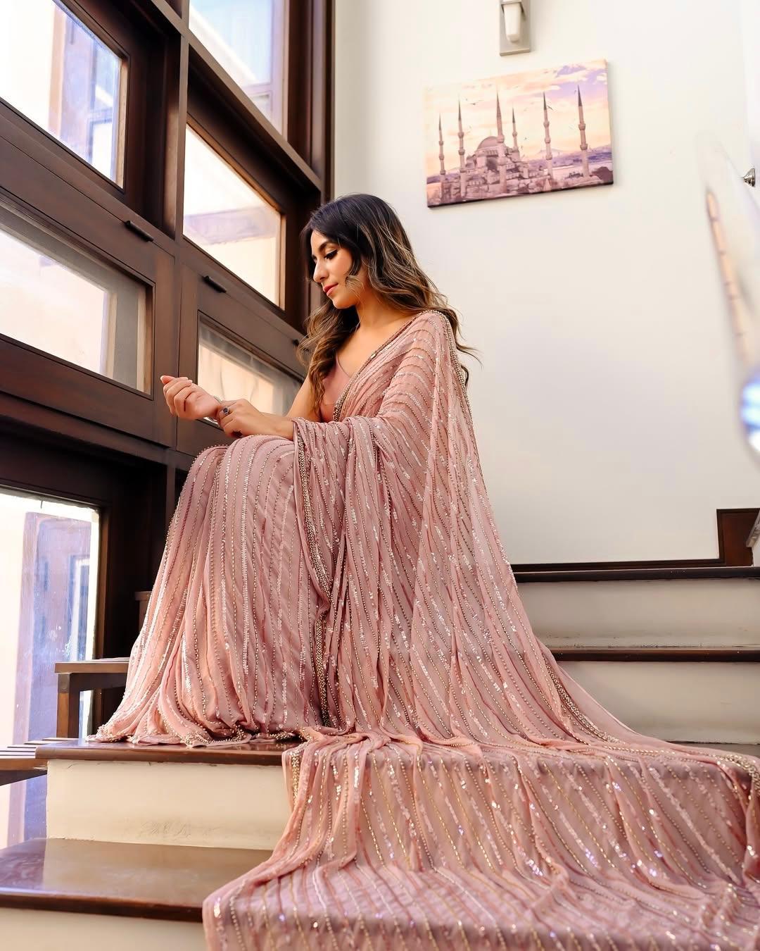 Blush Pink Semi-Pure Chiffon Sequinned Saree | Elegant Formal & Festive Wear