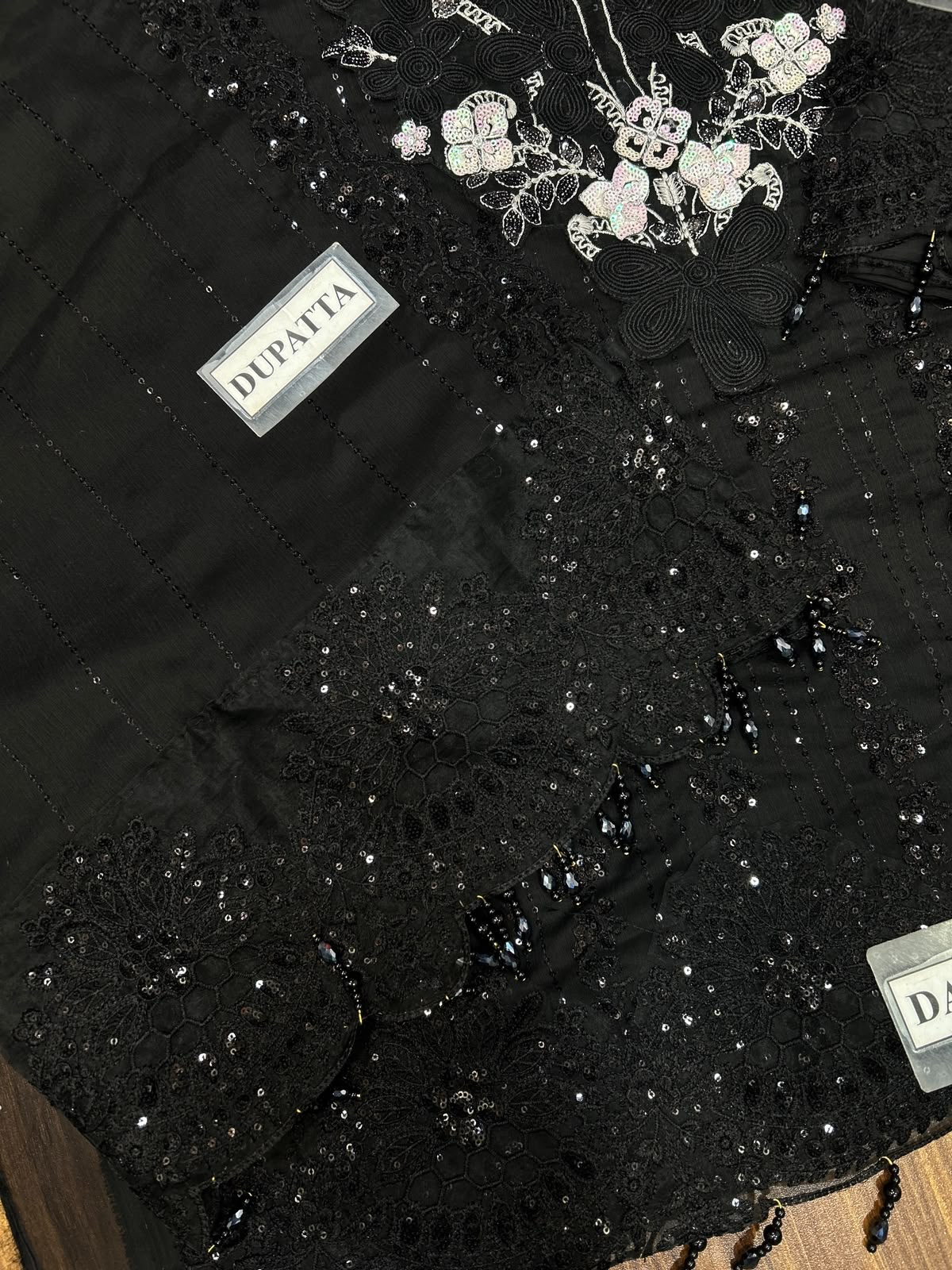 Jet Black Luxury Chiffon Heavy Embroidered Suit with Silk Trouser | Formal & Festive Wear