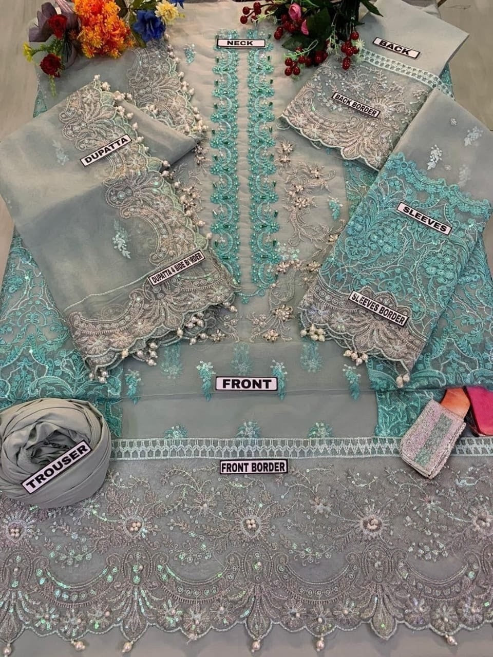 Embroidered Chiffon Kurti with Trouser and Dupatta Set – Luxury Festive Wear