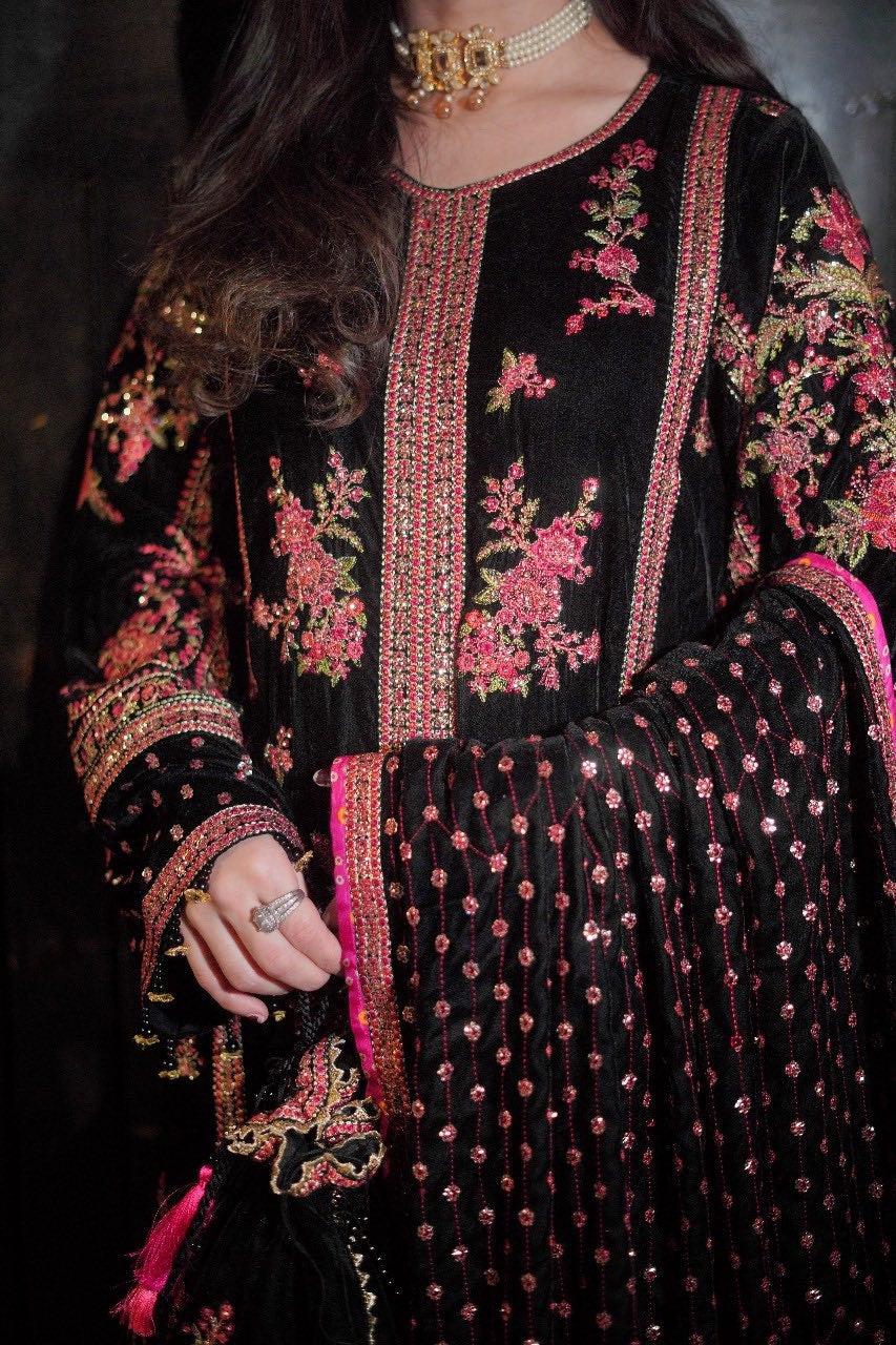 Black Luxury Heavy Embroidered Velvet Suit with Matching Dupatta | Elegant Winter Formal & Festive Wear