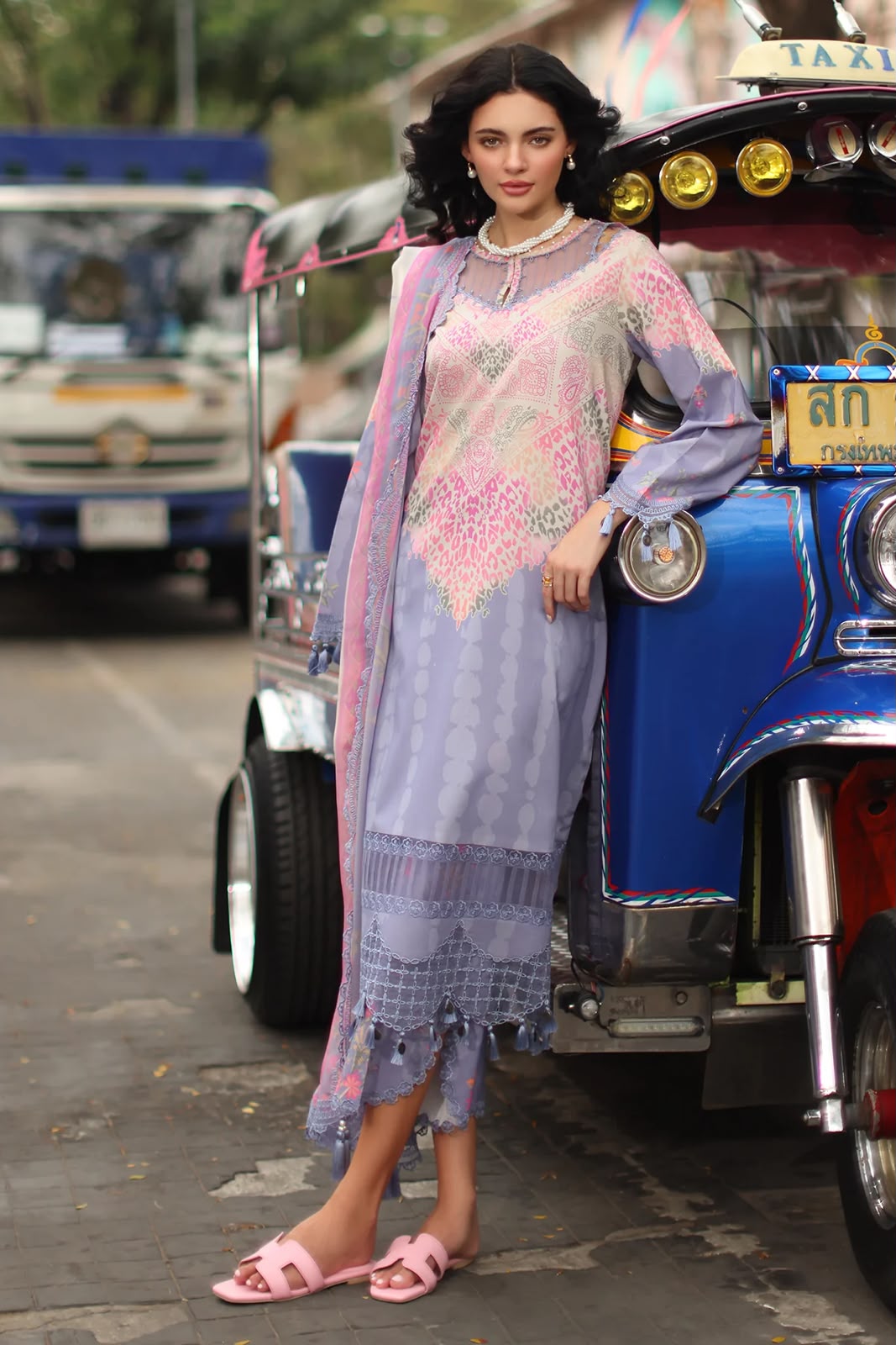 Luxury Contemporary Motif-Print Ensemble with Tassels and Sheer Accents