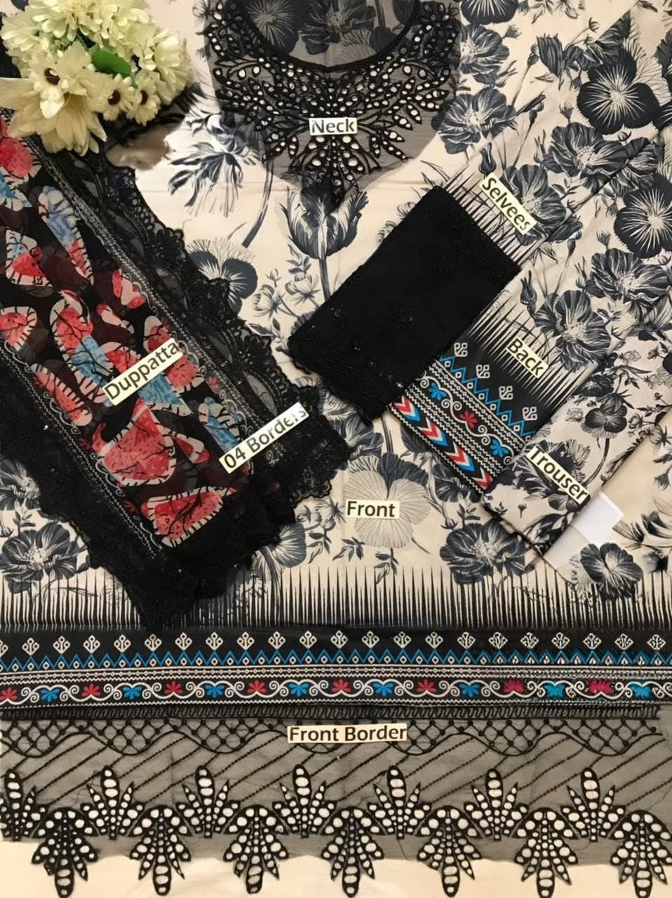 Noir Elegance Monochrome Printed Lawn Set with Luxury Chiffon Dupatta