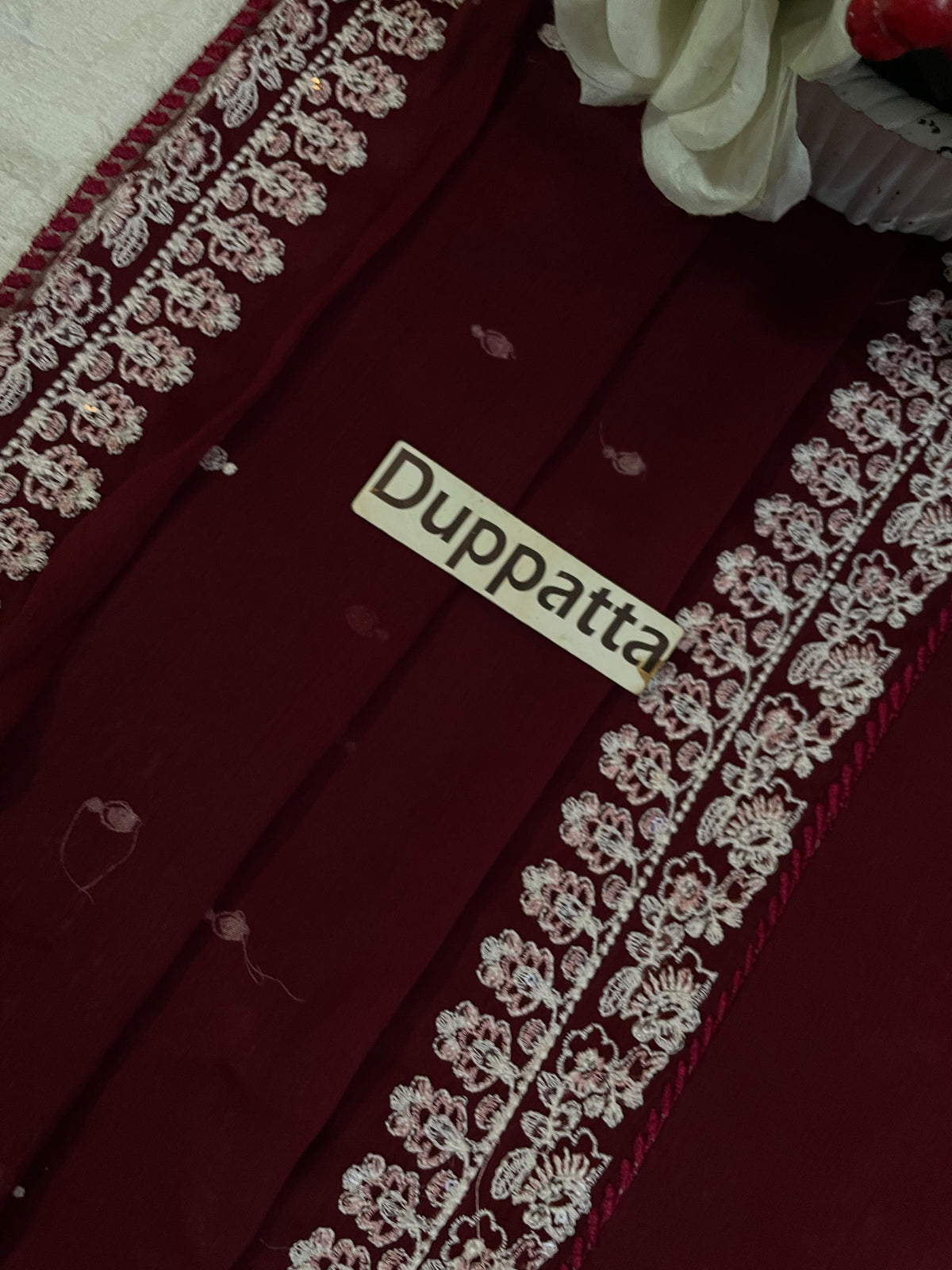 Luxury Chiffon Heavy Neck Embroidered Suit with Wide-Legged Pants & Dupatta | Formal & Festive Wear
