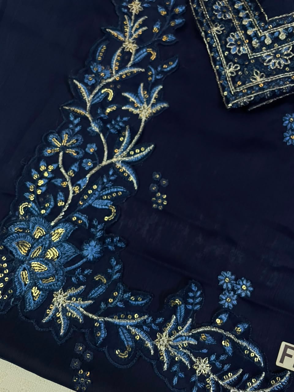 Midnight Navy Luxury Chiffon Embroidered Suit with Malai Trouser | Elegant Formal & Festive Wear