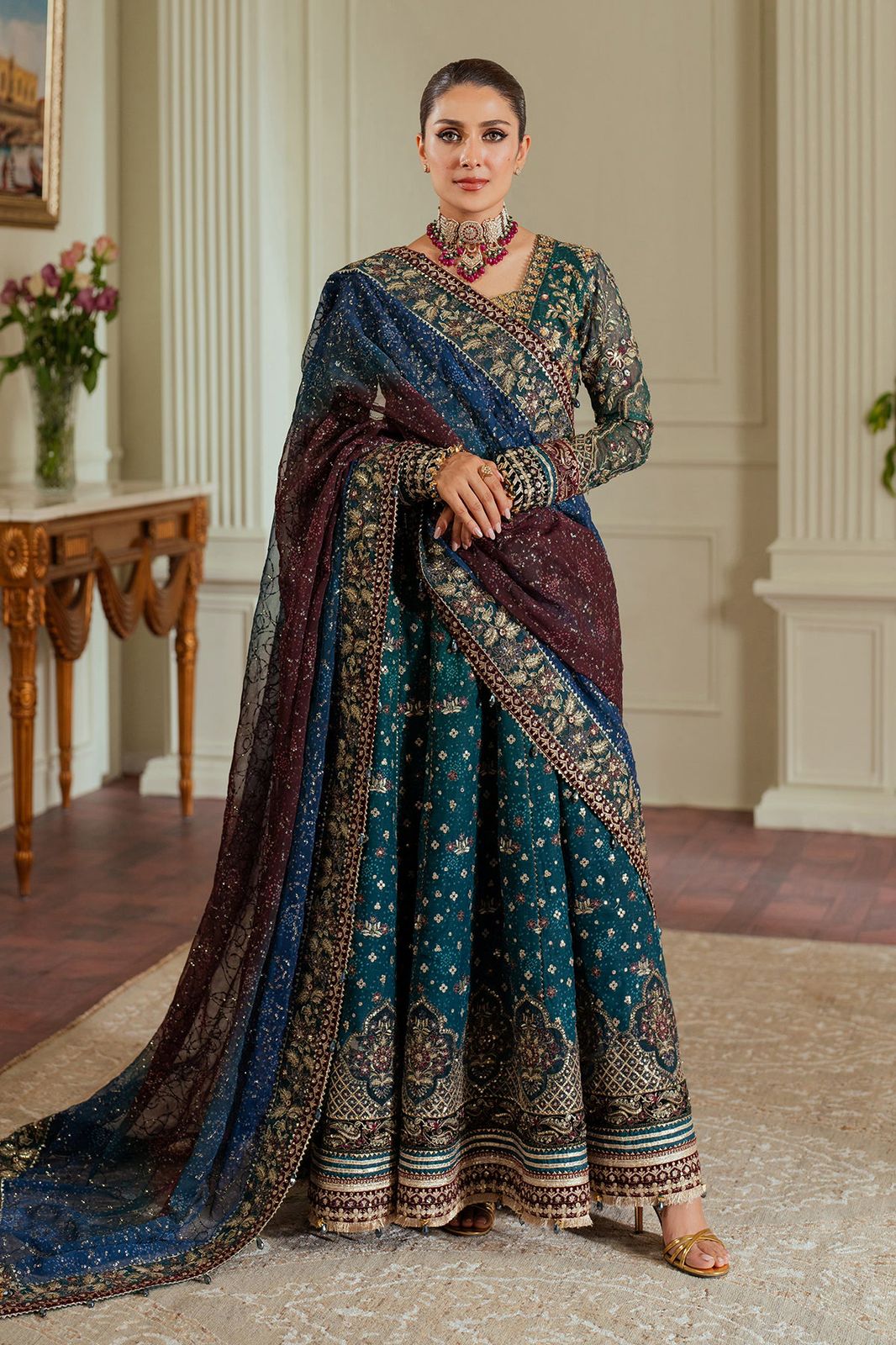 Luxurious Emerald Green Embroidered Chiffon Anarkali Frock with Contrast Dupatta