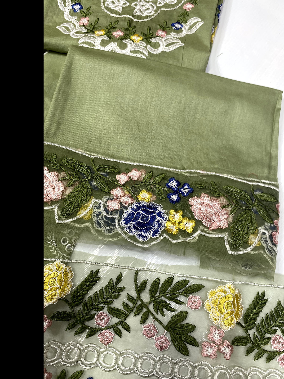 Sage Green Luxury Embroidered Cotton Suit with Net Khaddi Dupatta