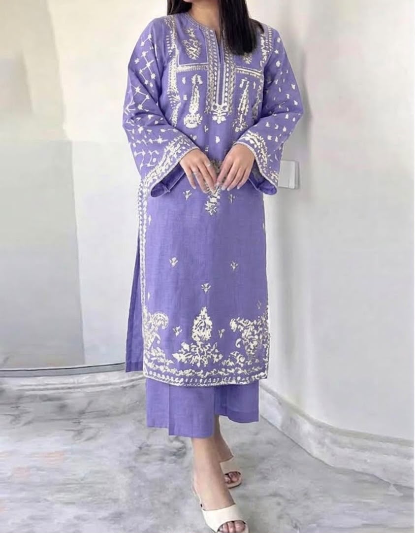 Embroidered Dhanak Fabric 2-Piece Kurti with Trouser Set – Winter Festive Wear
