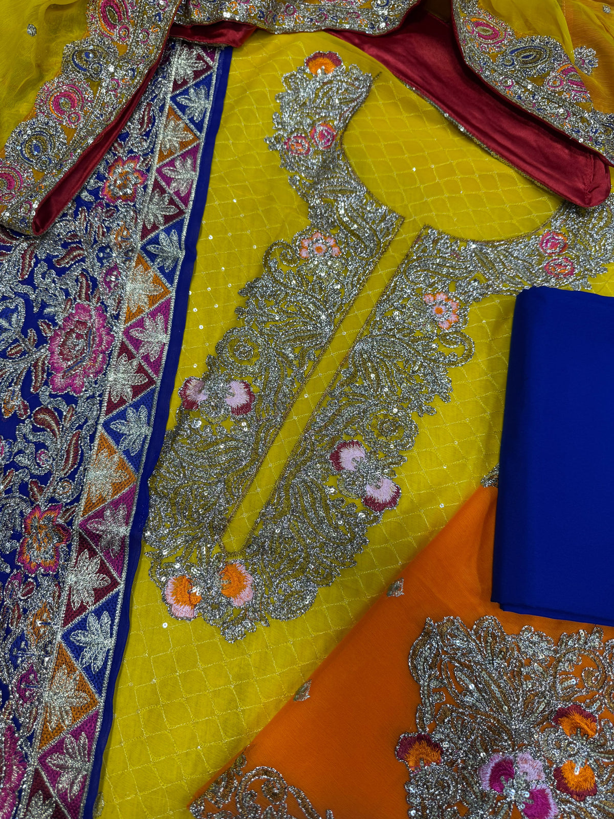 Royal Yellow & Cobalt Blue Chiffon Gharara Suit | Luxury Pakistani Mehndi & Wedding Guest Outfit