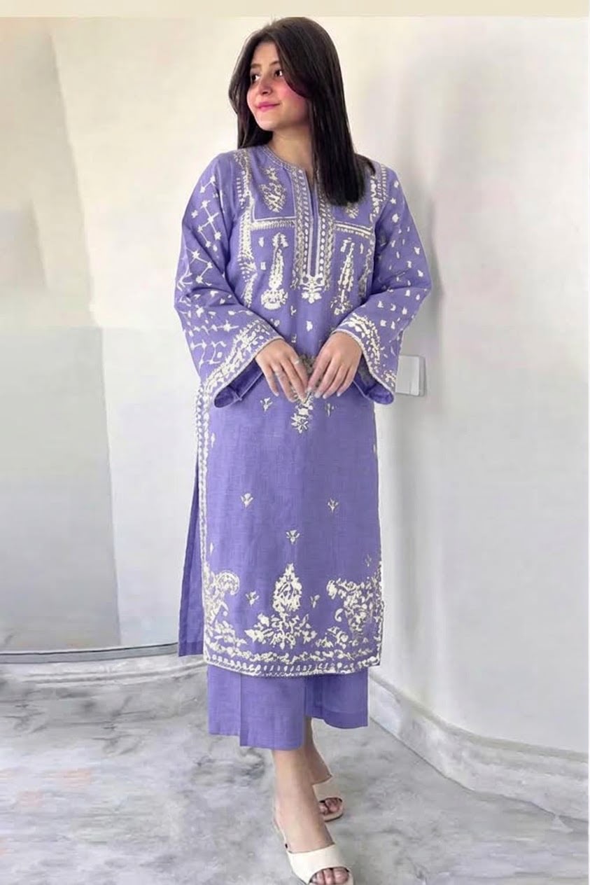 Embroidered Dhanak Fabric 2-Piece Kurti with Trouser Set – Winter Festive Wear